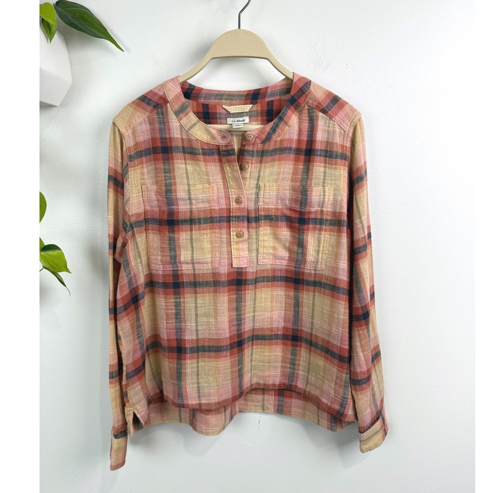 LL Bean Womens Plaid 100% Cotton Gauze Henley Blouse Coral Orange Small Petite